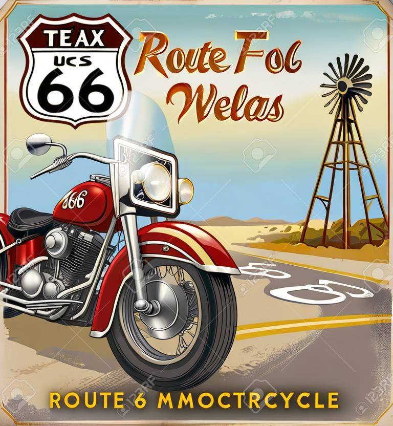 Vintage Route 66 Техасский плакат для мотоциклов.