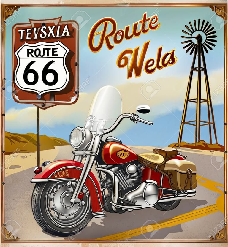 Vintage Route 66 Texas motorfiets poster.
