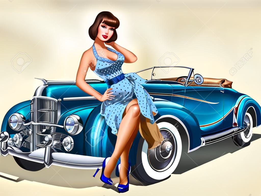 vintage background avec une fille et une voiture rétro pin-up.