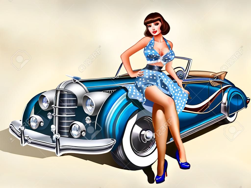 Vintage achtergrond met pin-up meisje en retro auto.