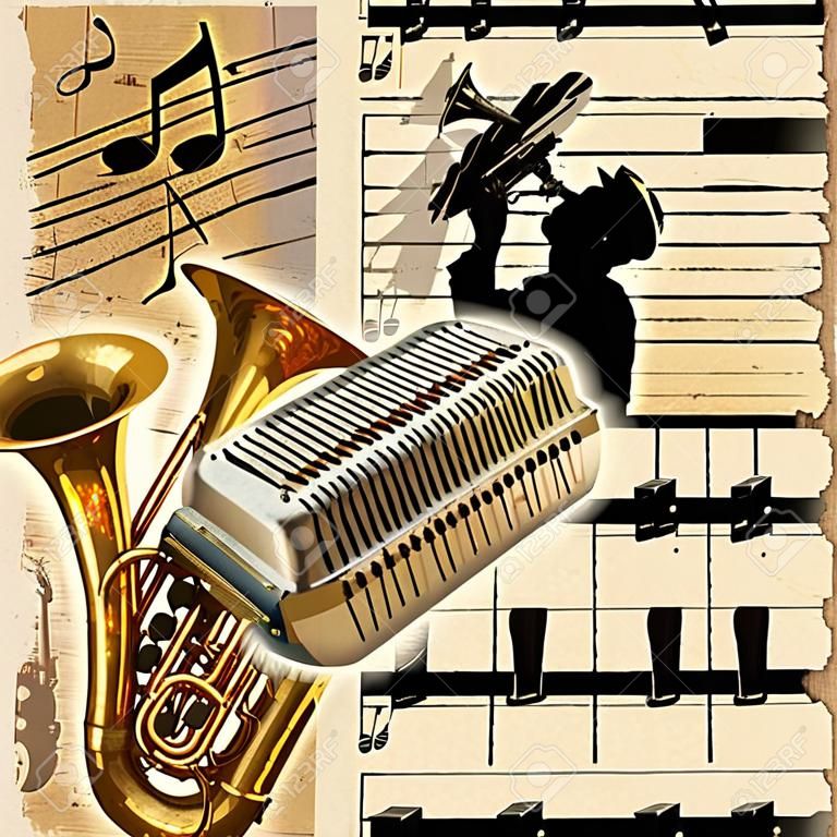 Vintage poster with musical instruments and musician.