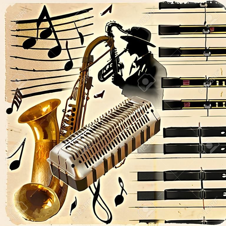 Vintage poster with musical instruments and musician.