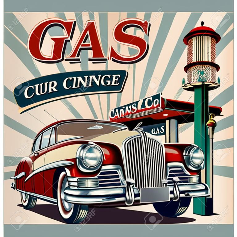 Gasstation retro poster met vintage auto.