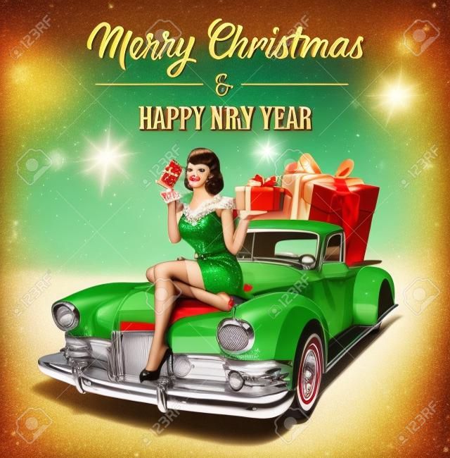 hristmas pin-up girl with gift box in hands while sitting on retro car.Merry Christmas and Happy New Year postcard.