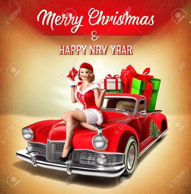 hristmas pin-up girl with gift box in hands while sitting on retro car.Merry Christmas and Happy New Year postcard.