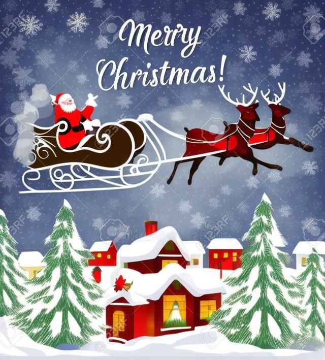 Cartão de Natal com Papai Noel voando em um trenó com rena.Feliz ilustração vetorial de Natal.