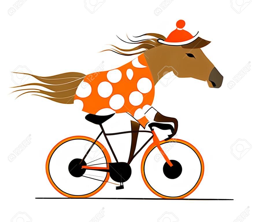 自転車に乗ってまだら馬。サイクルの似顔絵。サイクリング馬の面白いイラスト。