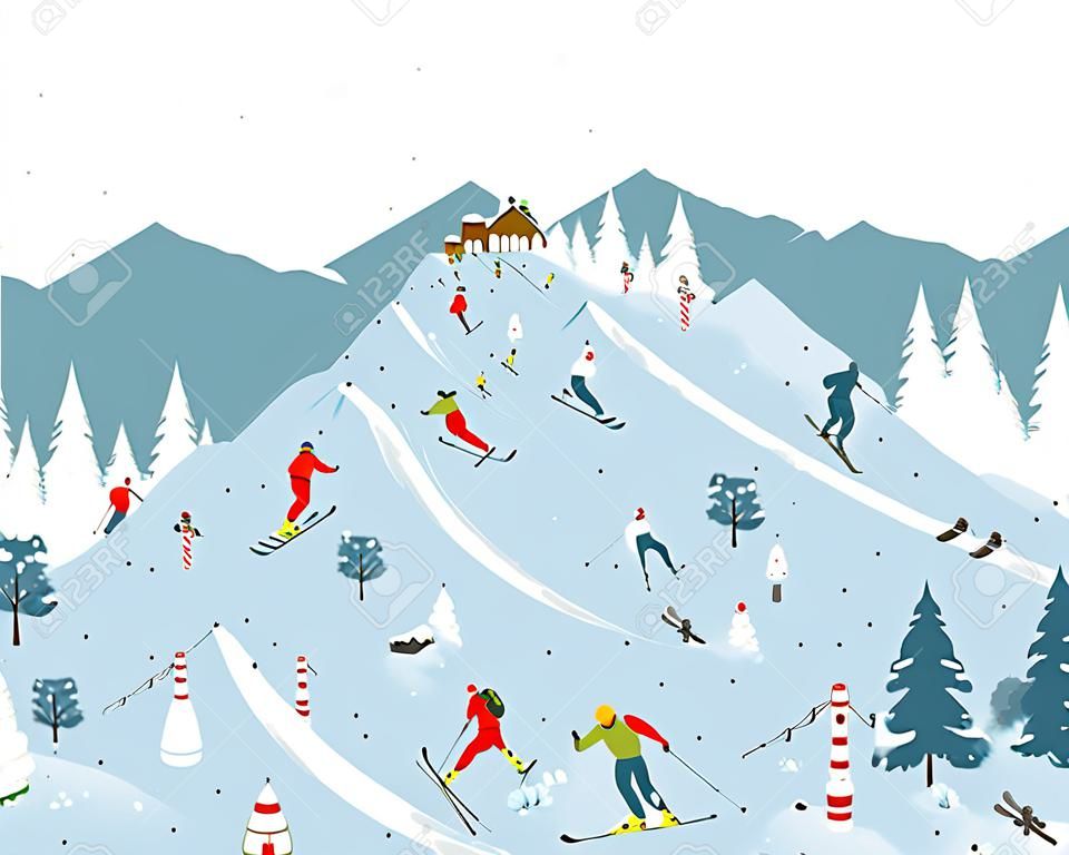 Cartoon Mountain Skigebied Naadloos randpatroon