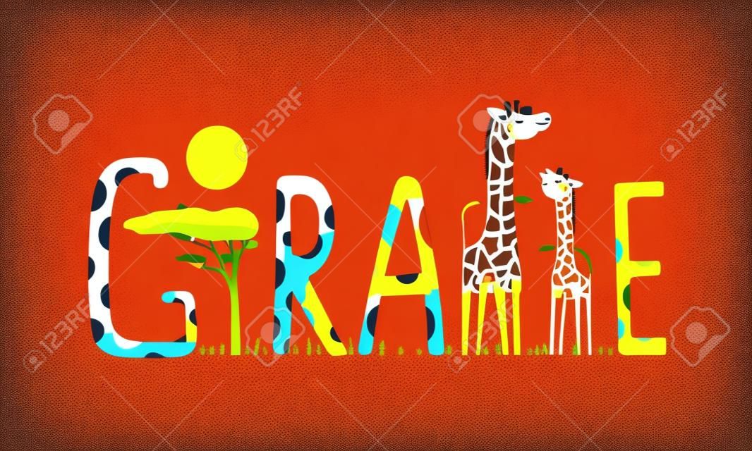 Girafa africana animais divertido Lettering paisagem. Sinal de desenho animado infantil brilhantemente colorido. Ilustração vetorial EPS10
