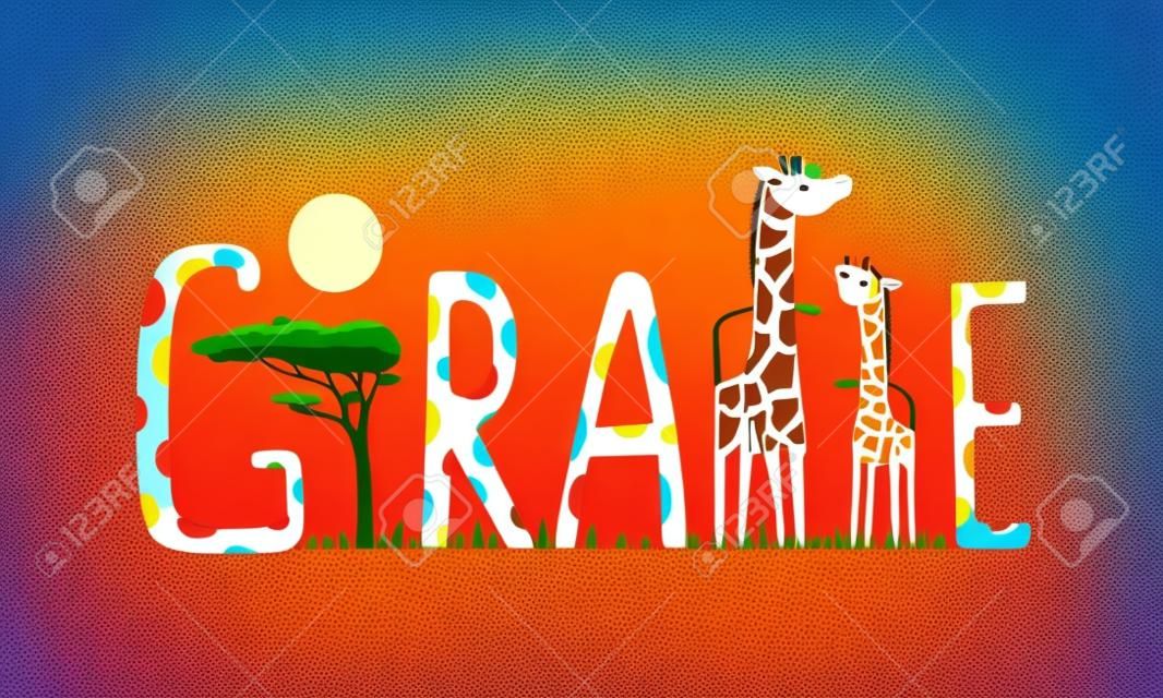 African Giraffe Animals Fun Lettering Landscape. Brightly colored childish cartoon sign. Vector illustration EPS10