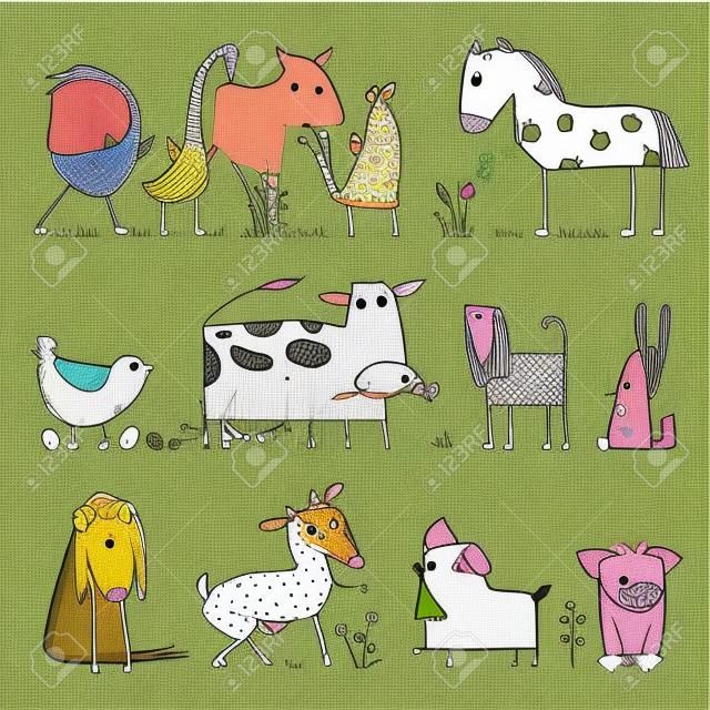 有趣的卡通农场动物收集儿童着色页