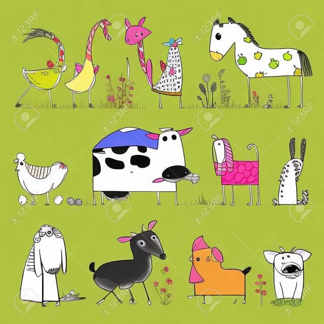 Funny Cartoon Farm Domestic Animals Collection for Kids színező oldal