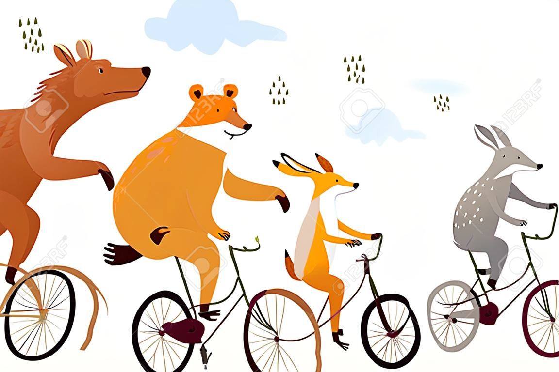 Zwierzęta na rowerach, słodkie dzieci ilustrowana pocztówka lub baner z niedźwiedziem, lisem, wilkiem, łosiem i króliczkiem na rowerach. dzikie zwierzęta lub zabawny projekt cyrkowy. kreskówka wektor.