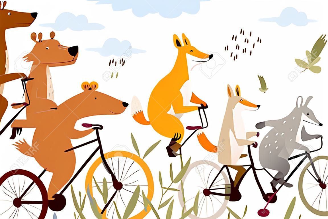 Zwierzęta na rowerach, słodkie dzieci ilustrowana pocztówka lub baner z niedźwiedziem, lisem, wilkiem, łosiem i króliczkiem na rowerach. dzikie zwierzęta lub zabawny projekt cyrkowy. kreskówka wektor.