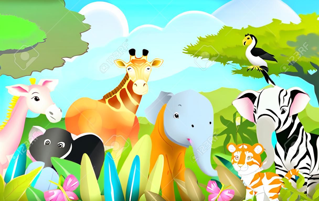Wild exotic baby animals in african jungle or savanna with trees