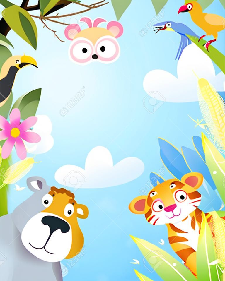 Kinderparty-Grußkarte mit feiernden Dschungeltieren, Dschungelrahmen mit Copyspace. Einladung oder Grußkarte für afrikanische Zoo- und Safaritiere. Kinder-Vektor-Cartoon-Illustration im Aquarell-Stil.