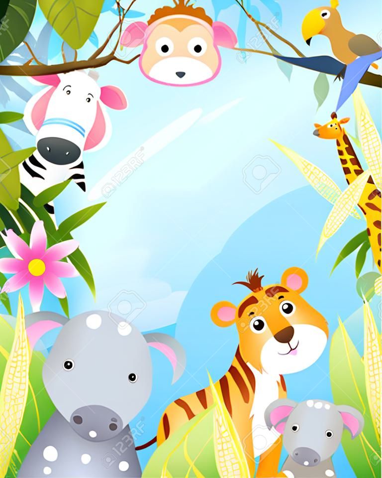 Kids party greeting card with jungle animals celebrating, jungle frame with copyspace. African Zoo and safari animals invitation or greeting card. Kids vector cartoon illustration in watercolor style.