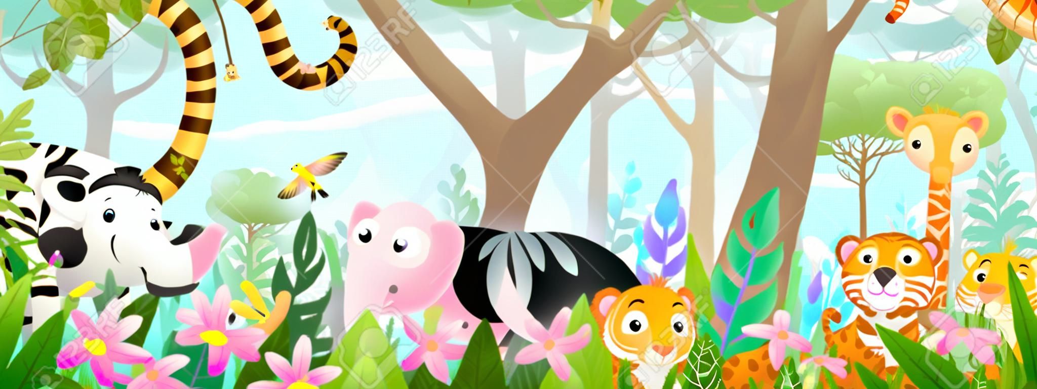 Kids animals in jungle cute friends in the wild tropical forest. Many adorable safari or zoo animals in nature. Horizontal panorama for kids and children, vector art illustration.