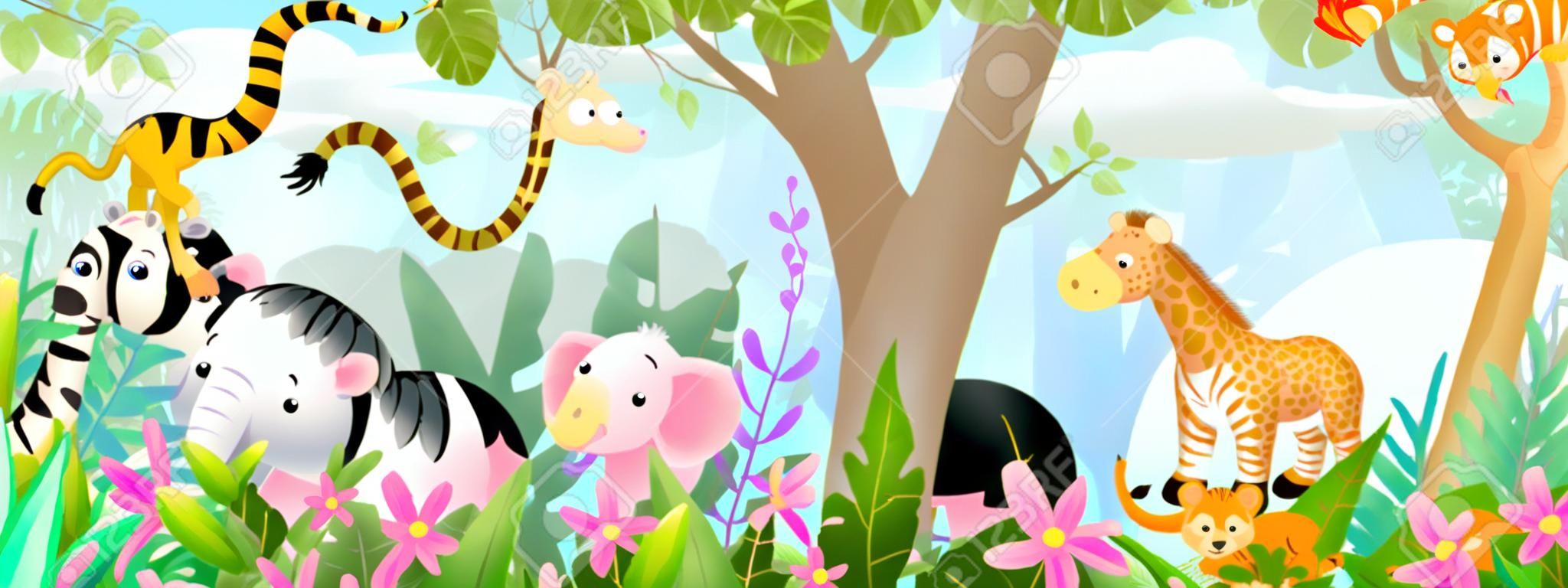 Enfants animaux dans la jungle amis mignons dans la forêt tropicale sauvage. De nombreux animaux de safari ou de zoo adorables dans la nature. Panorama horizontal pour enfants et enfants, illustration d'art vectoriel.