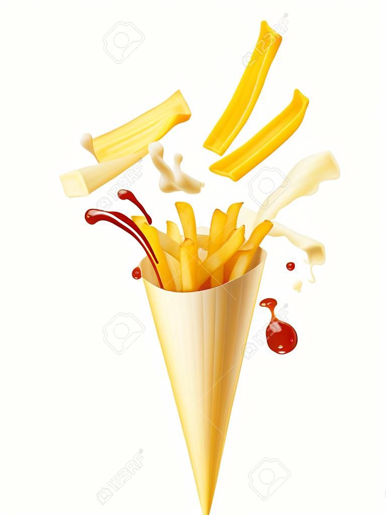 french fries, mayo and ketchup spilling out a paper cone isolated on white