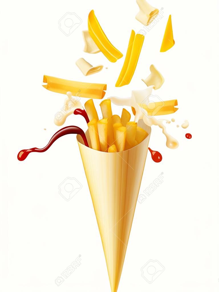 french fries, mayo and ketchup spilling out a paper cone isolated on white
