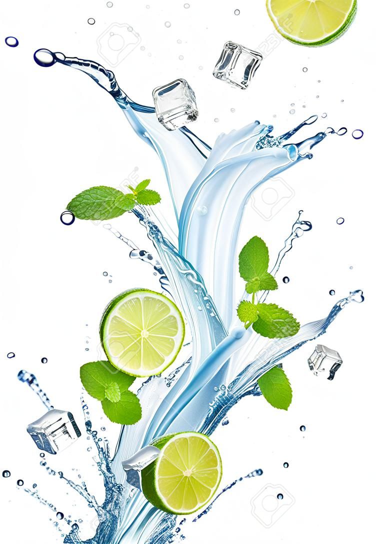 water splash with mint leaves, slices of lime and ice cubes isolated on white background