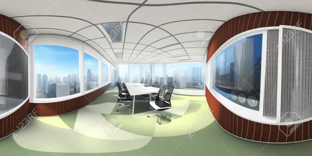 パノラマの窓を持つ現代のオフィス空間の3D CGレンダリング