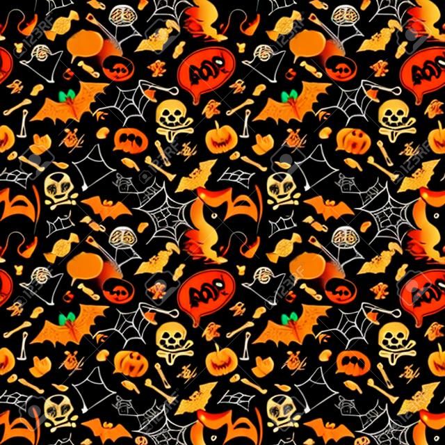 Halloween festliches nahtloses Muster. Orange endloser Hintergrund mit Katze, Kürbissen, Schädeln, Hieben, Spinnen, Geistern, Knochen, Süßigkeiten, Spinnennetz und Spracheblase mit Boo