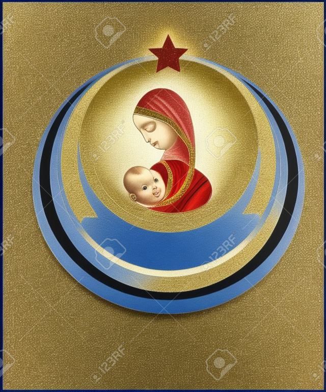 Символ, состоящий из Девы Марии с младенцем Иисусом и Вифлеемская звезда