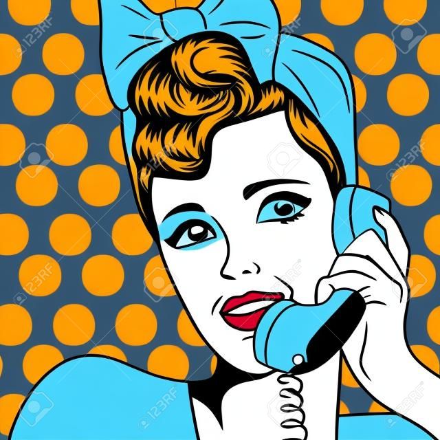 vrouw aan het chatten op de telefoon, pop art illustratie in vector formaat