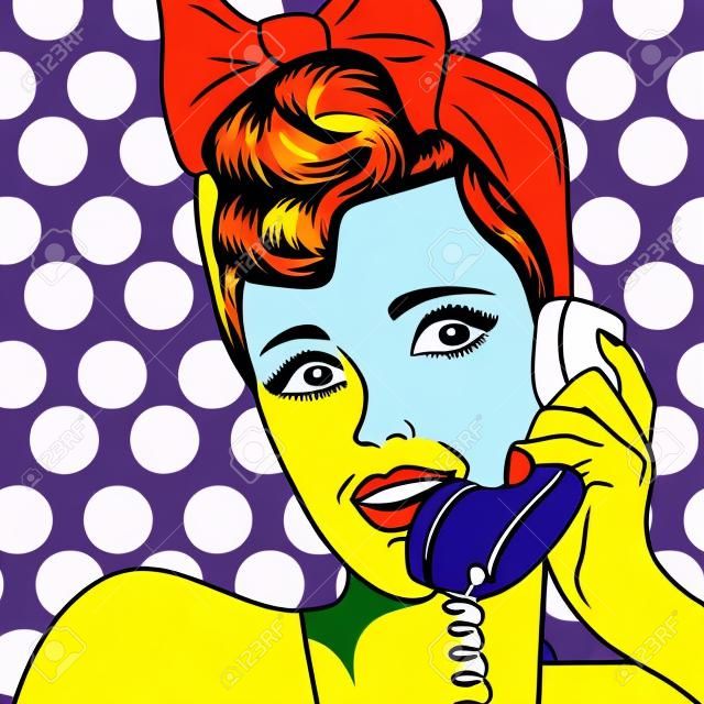 女子在電話上聊天，流行藝術插圖矢量格式
