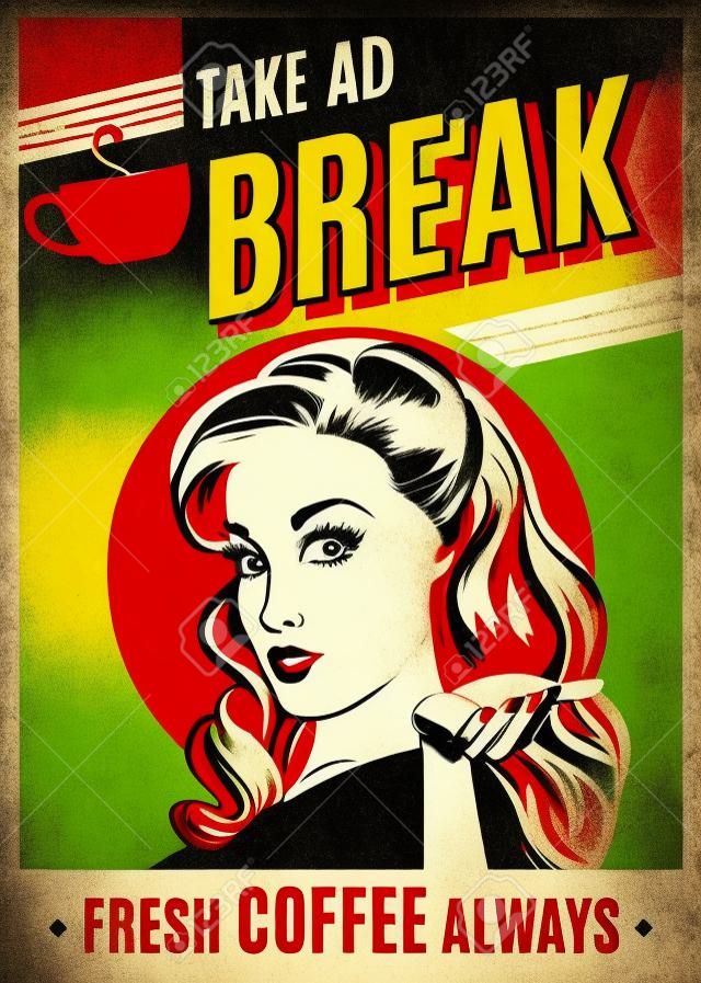 Advertising coffee retro poster with pop art woman