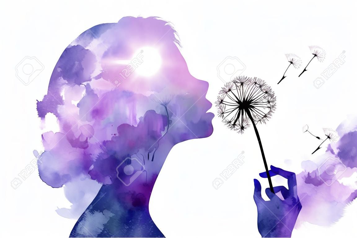 stylized watercolor woman on white background blowing a dandelion