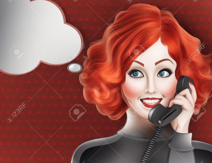 美しい赤髪の女性は、レトロな電話と笑顔に話します