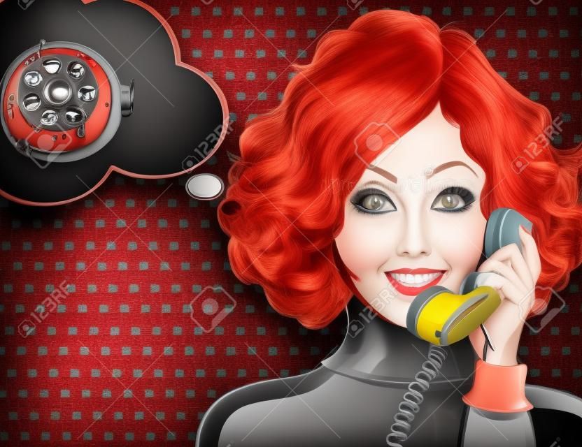 güzel kızıl saçlı bayan, retro bir telefonla konuşuyor ve gülümse