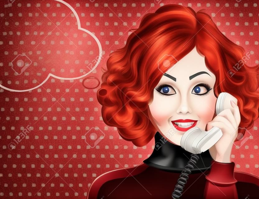 güzel kızıl saçlı bayan, retro bir telefonla konuşuyor ve gülümse