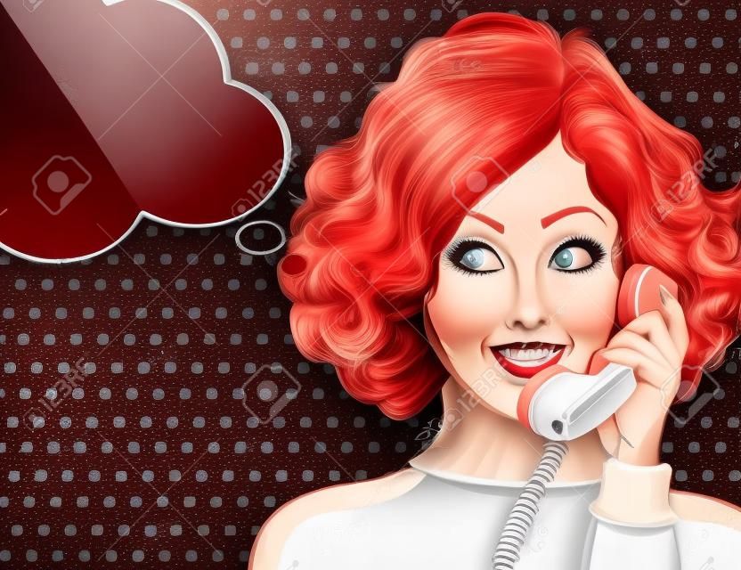 美しい赤髪の女性は、レトロな電話と笑顔に話します