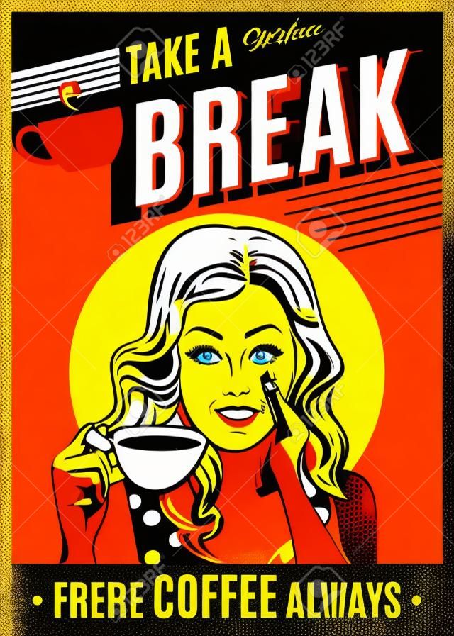 reklama kawy retro plakat z kobietą pop-artu. Wektor eps10