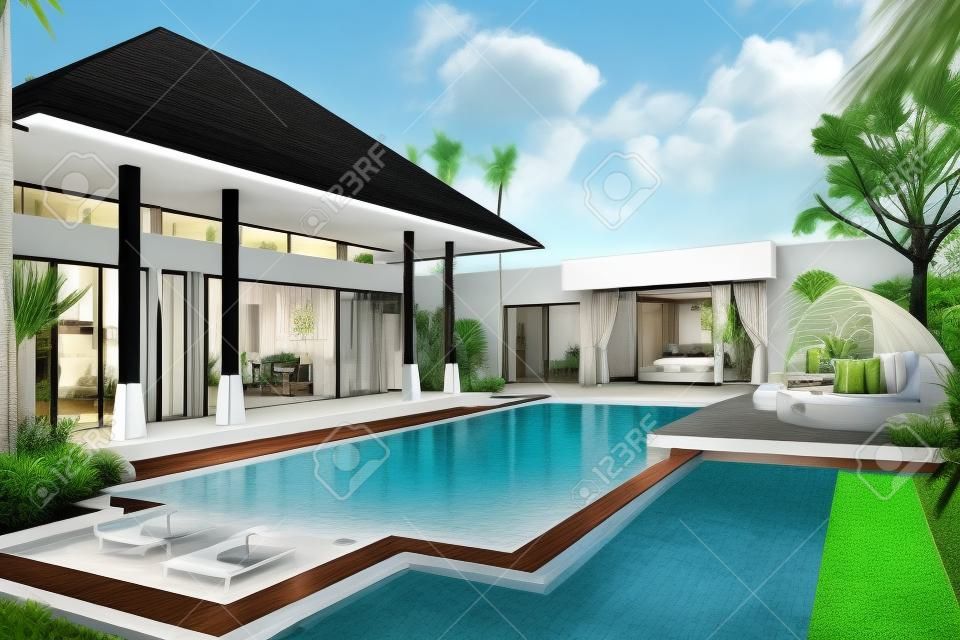 exterior and interior design of pool villa which features living area, greenery garden
