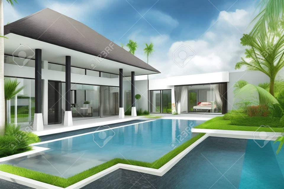 exterior and interior design of pool villa which features living area, greenery garden