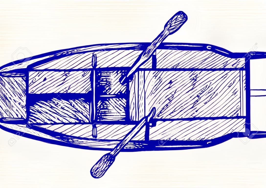 パドルと木製のボート。落書きスタイル