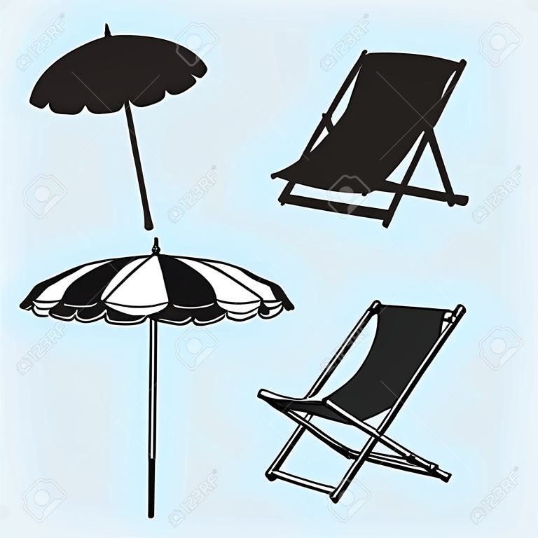 Krzesła i parasol na plaży samodzielnie na niebieskim tle