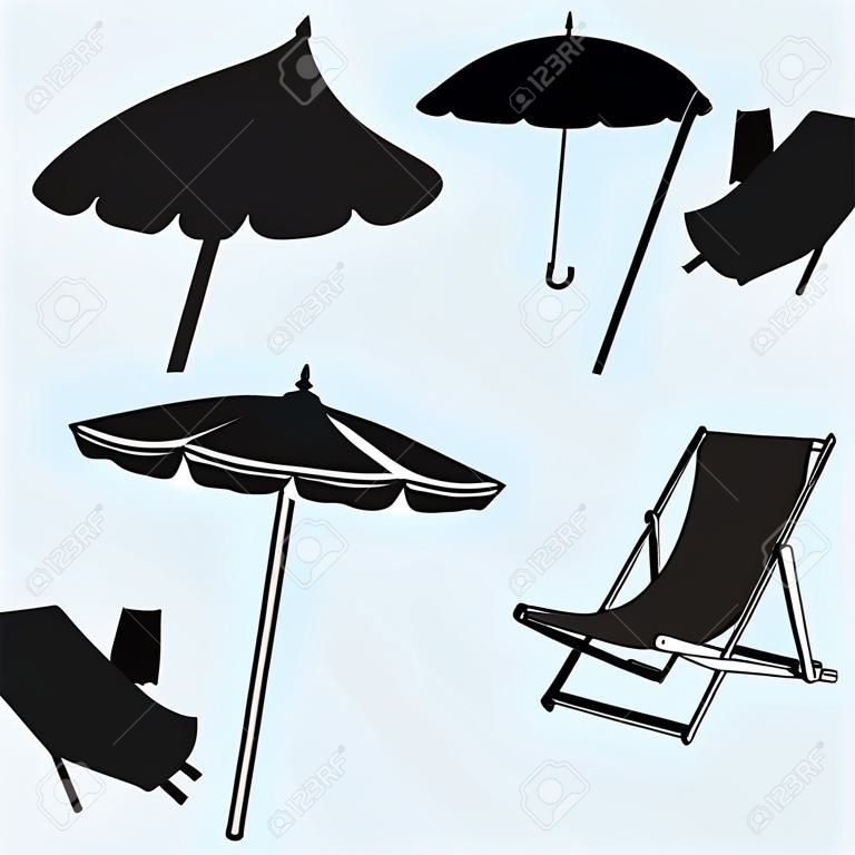 Krzesła i parasol na plaży samodzielnie na niebieskim tle