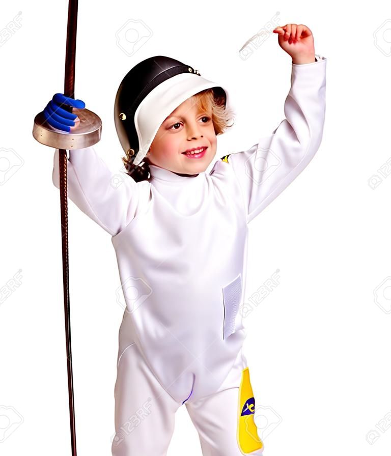 Child in fencing costume holding epee . Isolated.
