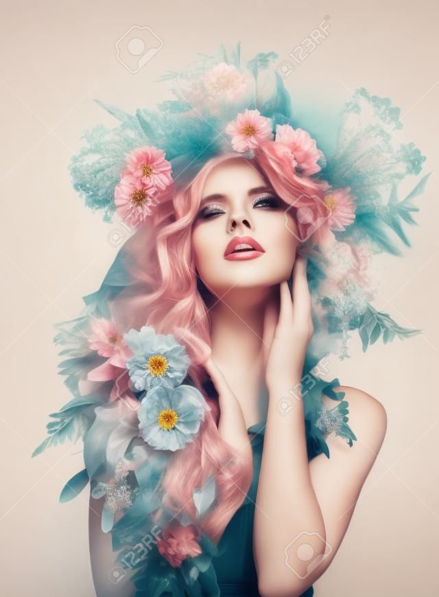 Portrait of woman with flower hairstyle.Art photo.