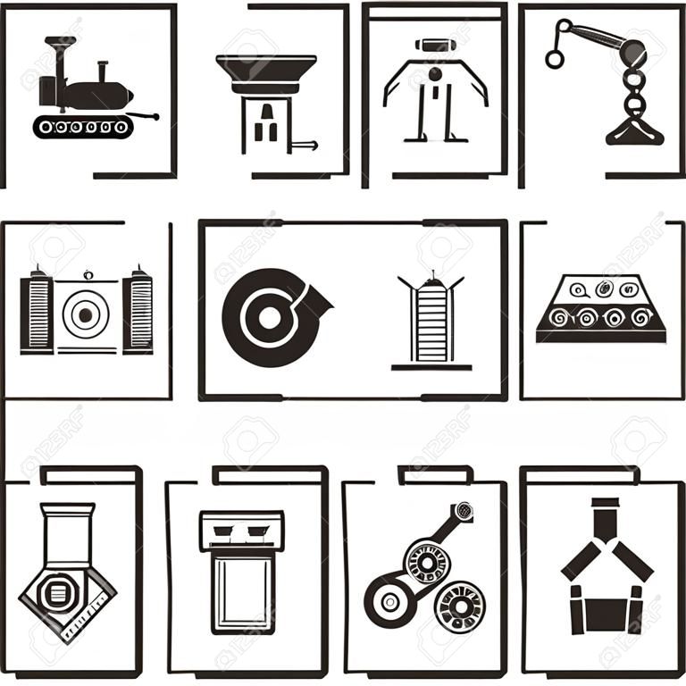 manufacturing icons, robot in industrial work icons