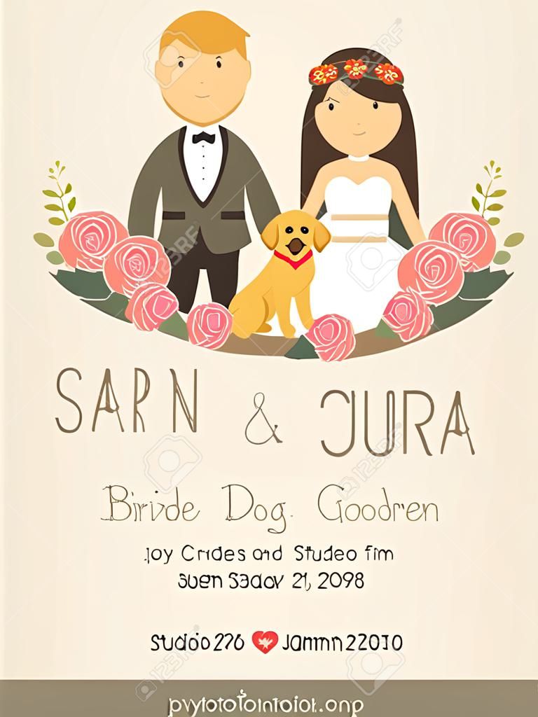 esküvői meghívók a menyasszony és a vőlegény és a kutya pet arany retriever.