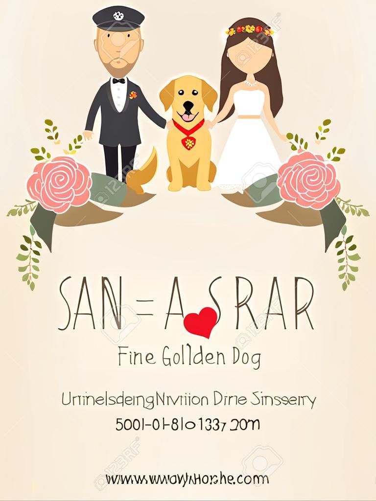 esküvői meghívók a menyasszony és a vőlegény és a kutya pet arany retriever.