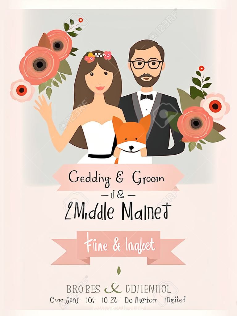 wedding invitation cards with bride and groom and their dog pet. vintage style.