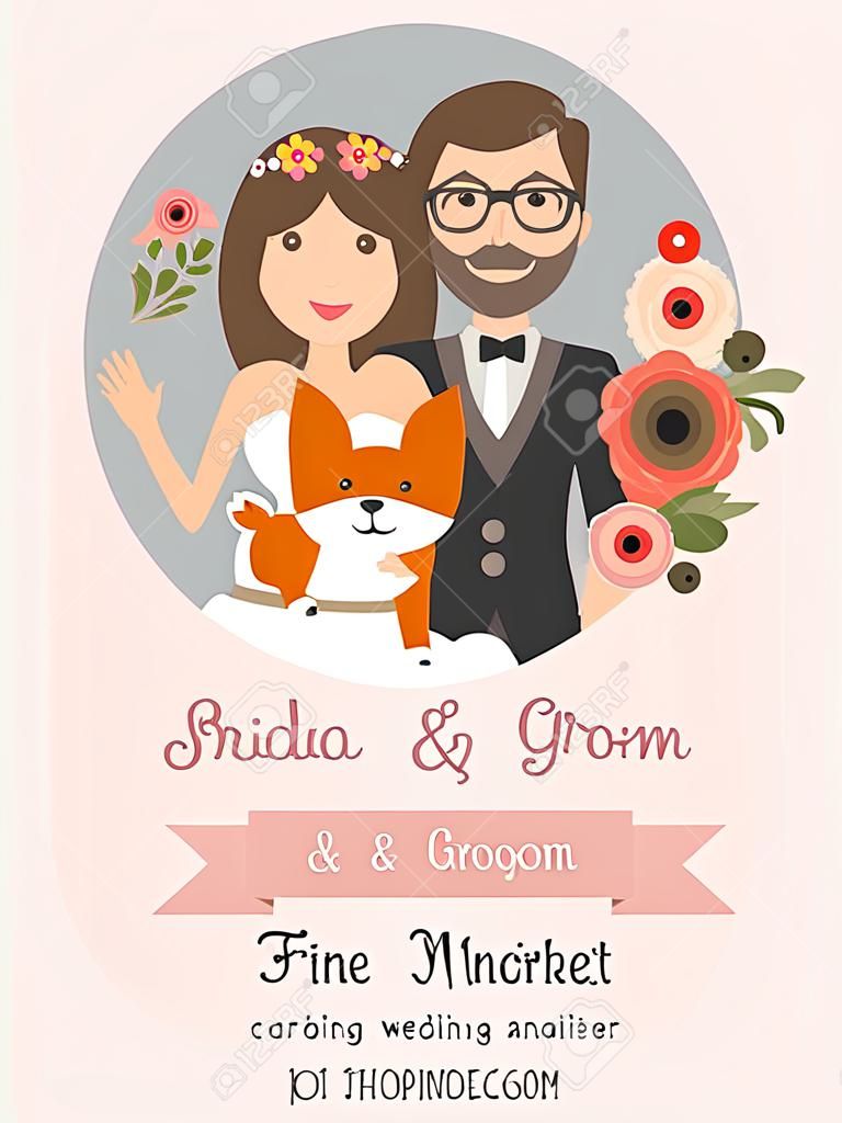 wedding invitation cards with bride and groom and their dog pet. vintage style.